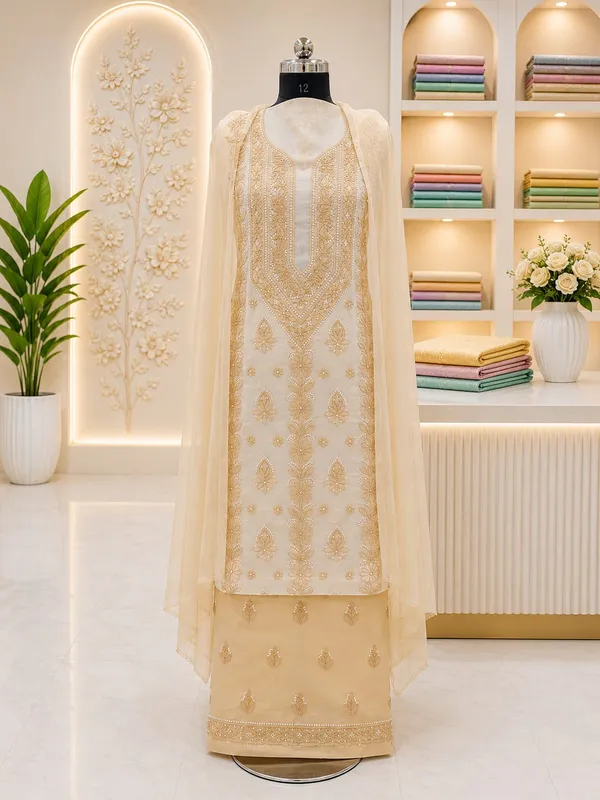 Light_Beige_Hand_Embroidered_Soft_Cotton_Unstitched_Contrast_Chikan_Suit_Set