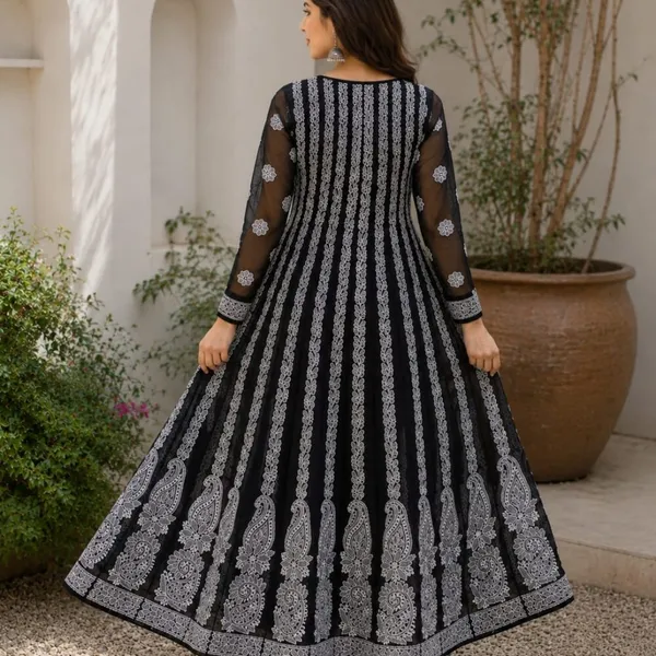 Jet_Black_Hand_Embroidered_Chikan_Chiffon_Anarkali_With_56Gores