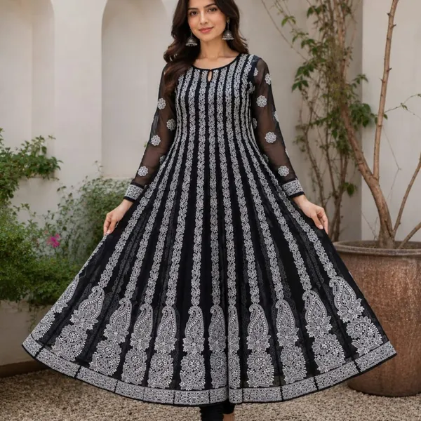 Jet_Black_Hand_Embroidered_Chikan_Chiffon_Anarkali_With_56Gores