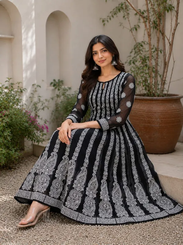 Jet_Black_Hand_Embroidered_Chikan_Chiffon_Anarkali_With_56Gores