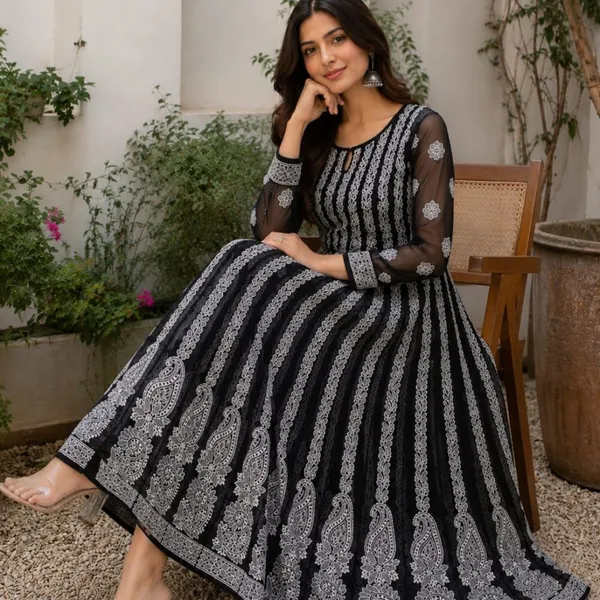 Jet_Black_Hand_Embroidered_Chikan_Chiffon_Anarkali_With_56Gores