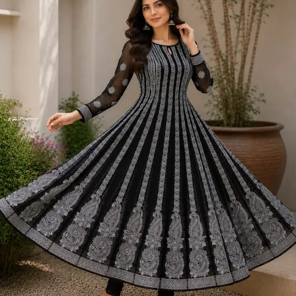 Jet_Black_Hand_Embroidered_Chikan_Chiffon_Anarkali_With_56Gores