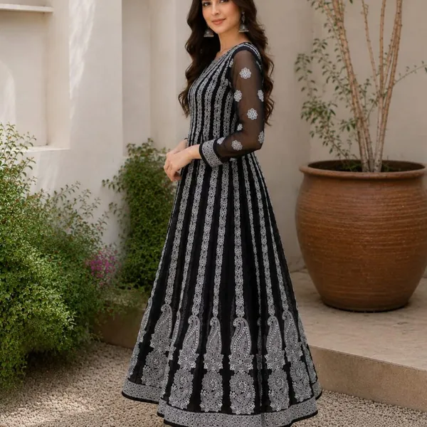 Jet_Black_Hand_Embroidered_Chikan_Chiffon_Anarkali_With_56Gores
