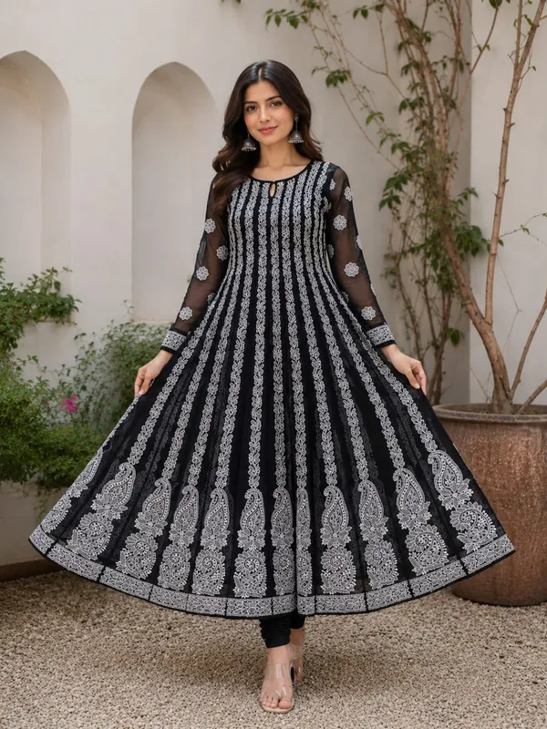 Jet_Black_Hand_Embroidered_Chikan_Chiffon_Anarkali_With_56Gores