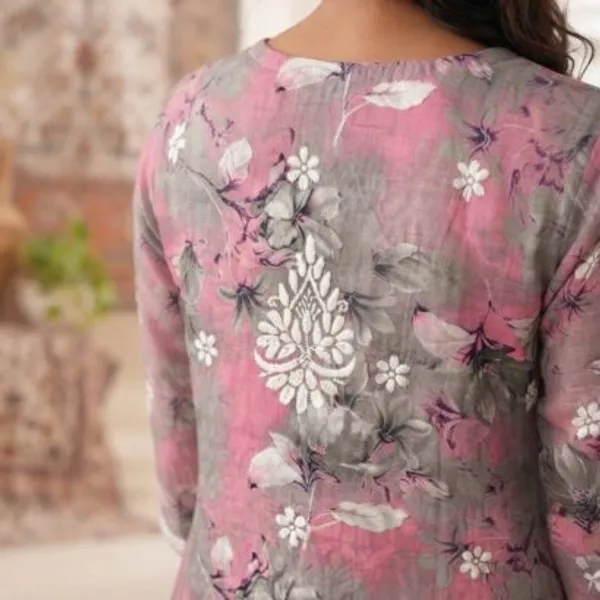 Rose_Pink_With_Grey_Hand_Embroidered_Lucknowi_Chikankari_Floral_Cotton_Kurti_Palazzo_Set