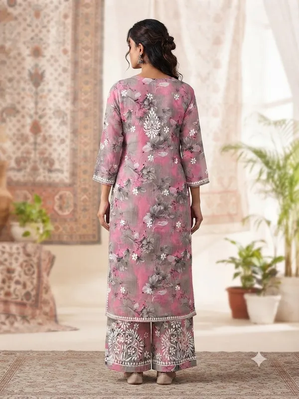Rose_Pink_With_Grey_Hand_Embroidered_Lucknowi_Chikankari_Floral_Cotton_Kurti_Palazzo_Set
