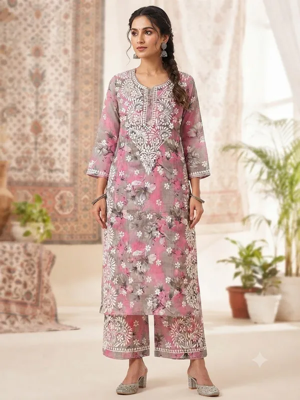 Rose_Pink_With_Grey_Hand_Embroidered_Lucknowi_Chikankari_Floral_Cotton_Kurti_Palazzo_Set
