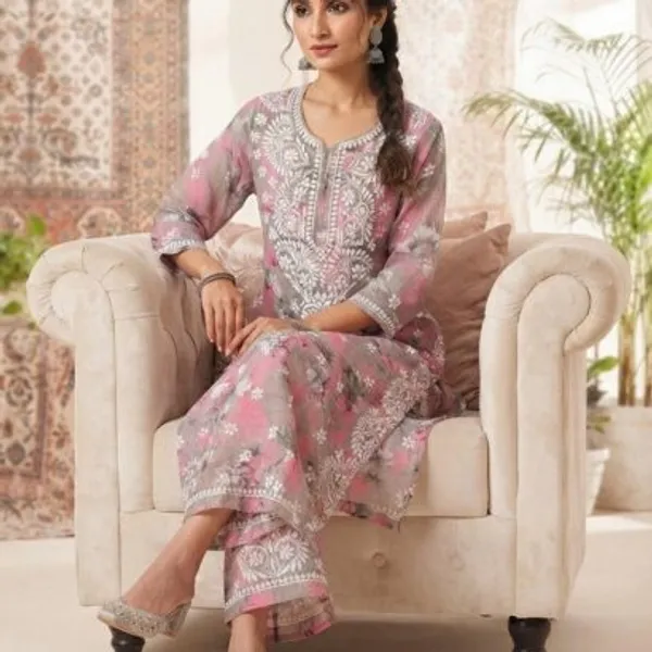 Rose_Pink_With_Grey_Hand_Embroidered_Lucknowi_Chikankari_Floral_Cotton_Kurti_Palazzo_Set