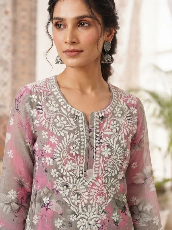 Rose_Pink_With_Grey_Hand_Embroidered_Lucknowi_Chikankari_Floral_Cotton_Kurti_Palazzo_Set