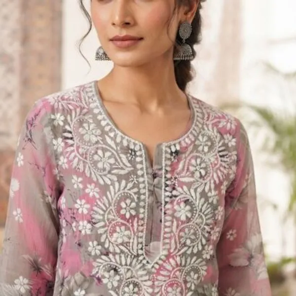Rose_Pink_With_Grey_Hand_Embroidered_Lucknowi_Chikankari_Floral_Cotton_Kurti_Palazzo_Set