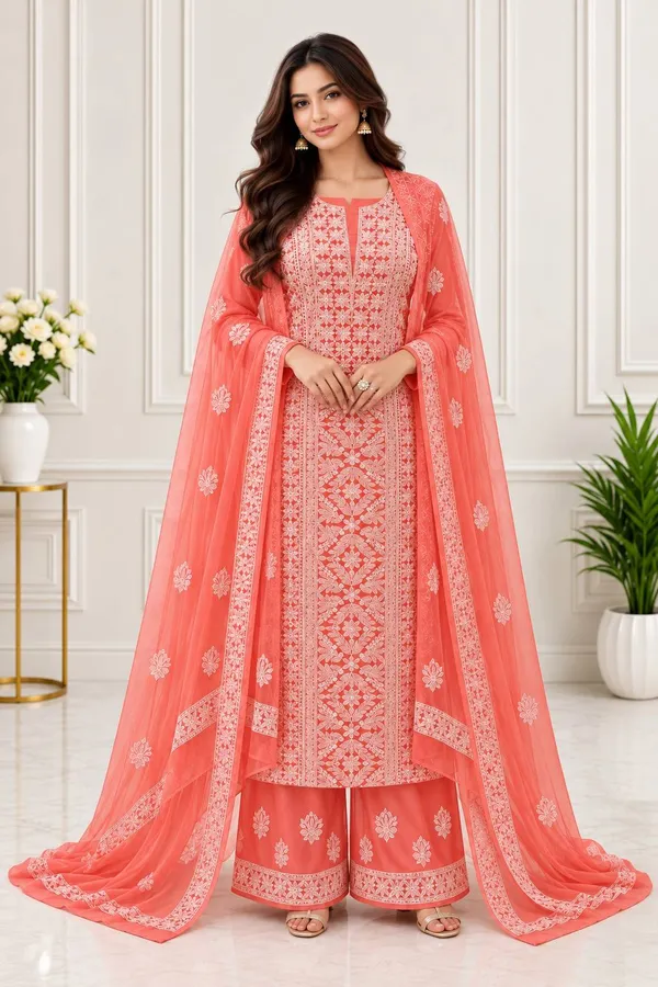 Coral_Pink_Suit_Piece_Chiffon_Jaal_With_Dupatta