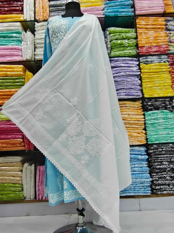 White_Hand_Embroidered_Lucknowi_Chikankari_Pure_Soft_Cotton_Dupatta