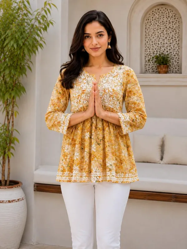 Mustard_Yellow_Floral_Handcrafted_Lucknowi_Chikan_Cotton_Short_Top