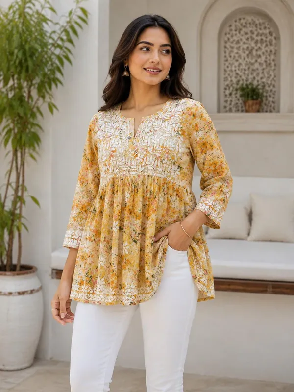 Mustard_Yellow_Floral_Handcrafted_Lucknowi_Chikan_Cotton_Short_Top