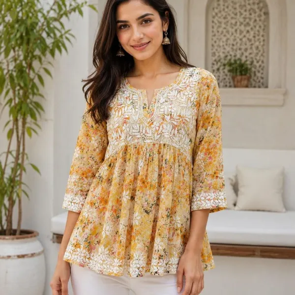 Mustard_Yellow_Floral_Handcrafted_Lucknowi_Chikan_Cotton_Short_Top