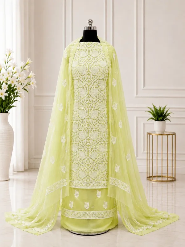 Lemon_Green_Hand_Embroidered_Soft_Chiffon_Unstitched_Leaf_Chikankari_Suit_Set_With_Dupatta