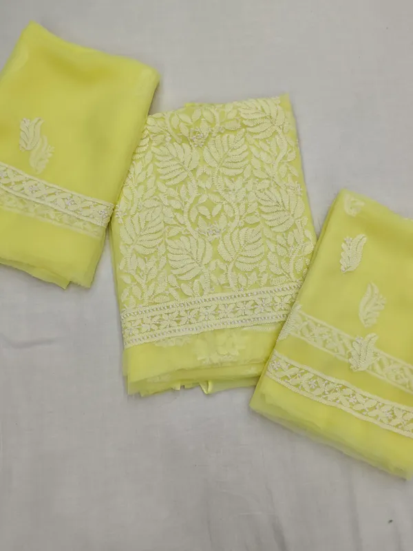 Lemon_Green_Hand_Embroidered_Soft_Chiffon_Unstitched_Leaf_Chikankari_Suit_Set_With_Dupatta