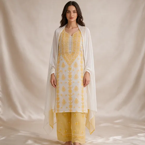 Golden_Yellow_Hand_Embroidered_Soft_Cotton_Unstitched_Contrast_Chikan_Suit_Set