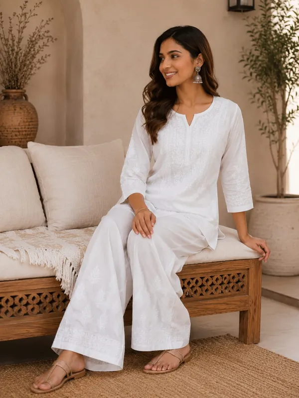 White_Hand_Embroidered_Pure_Cotton_Chikankari_Palazzo_With_Ghaas_Patti_Work