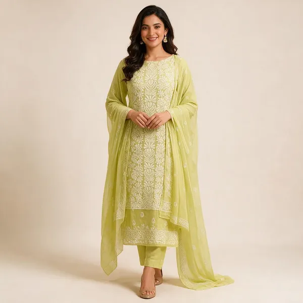 Lime_Green_Hand_Embroidered_Soft_Chiffon_Garth_Chikankari_Suit_Set_With_Dupatta
