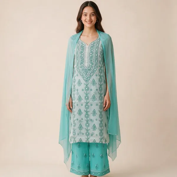 Aqua_Blue_Hand_Embroidered_Soft_Cotton_Unstitched_Contrast_Chikan_Suit_Set