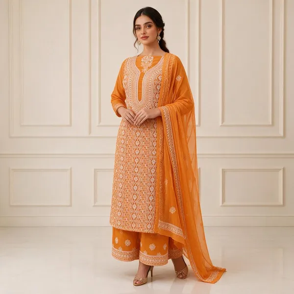 Tangerine_Orange_Chiffon_Front_Jaal_Suit_Piece_With_Dupatta