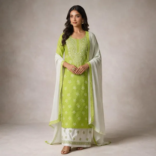 Lime_Green_Cotton_Suit_Piece_With_Contrast_Bottom_Chiffon_Dupatta
