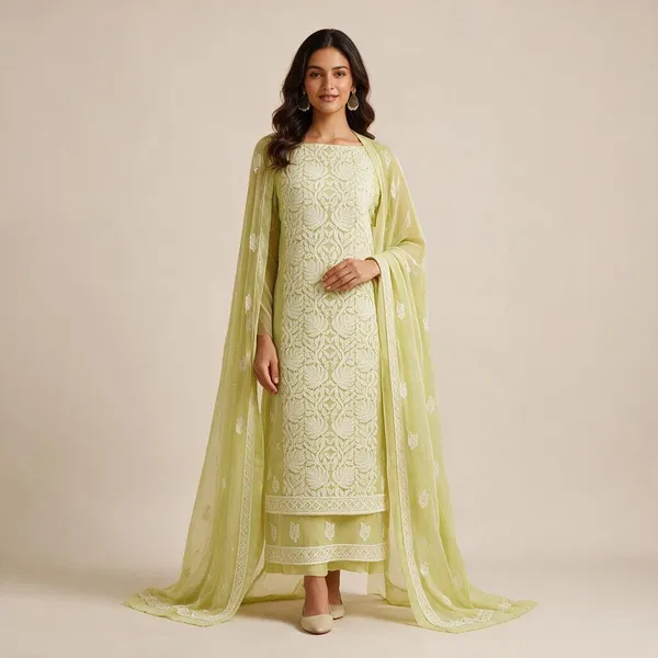 Lemon_Green_Hand_Embroidered_Soft_Chiffon_Unstitched_Leaf_Chikankari_Suit_Set_With_Dupatta