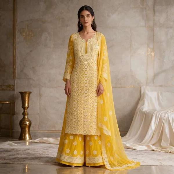 Lemon_Yellow_Chiffon_Front_Jaal_Suit_Piece_With_Dupatta