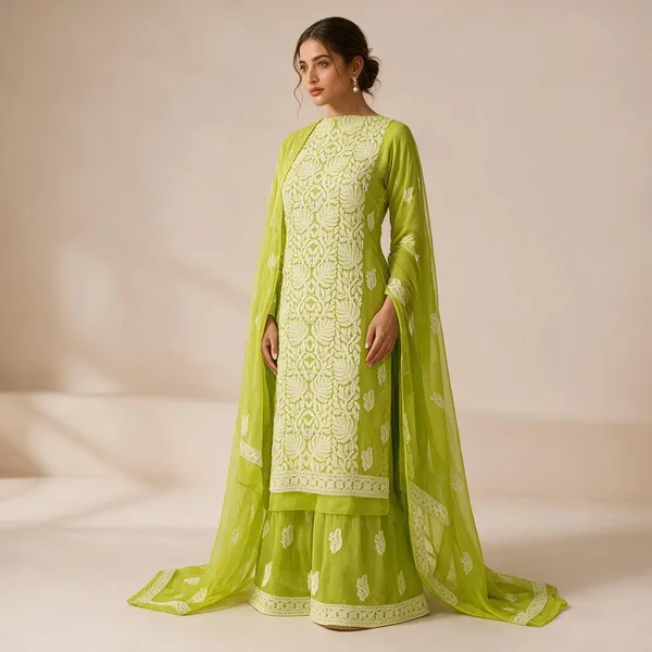 Neon_Lime_Green_Hand_Embroidered_Soft_Chiffon_Unstitched_Leaf_Chikankari_Suit_Set_With_Dupatta