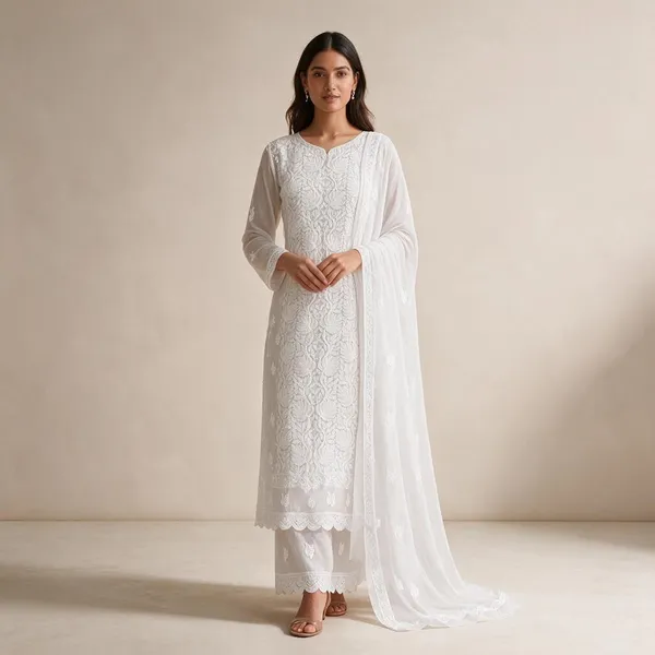 White_Hand_Embroidered_Soft_Chiffon_Unstitched_Leaf_Chikankari_Suit_Set_With_Dupatta