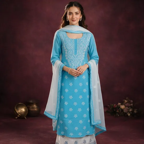 Sky_Blue_Cotton_Suit_Piece_With_Contrast_Bottom_Chiffon_Dupatta