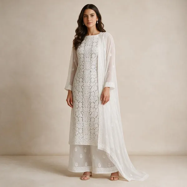 White_Hand_Embroidered_Soft_Chiffon_Unstitched_Garth_Chikankari_Suit_Set_With_Dupatta