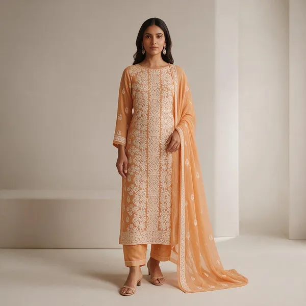 Soft_Peach_Hand_Embroidered_Soft_Chiffon_Unstitched_Garth_Chikankari_Suit_Set_With_Dupatta