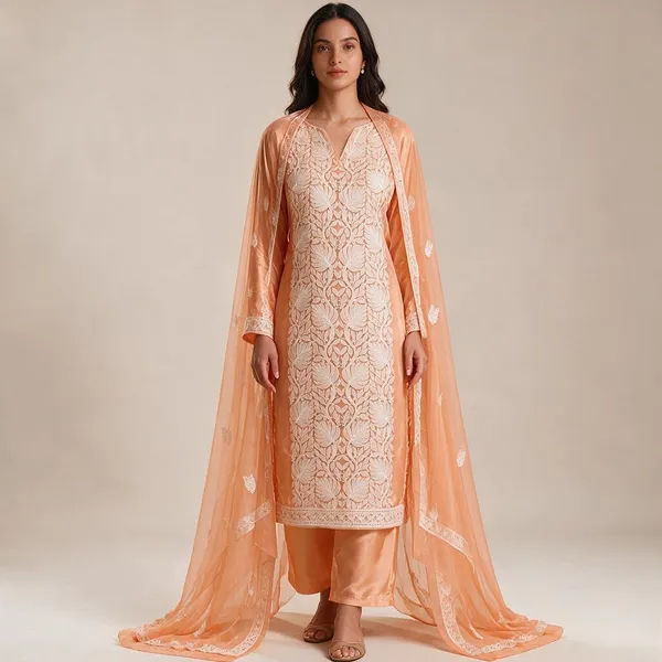 Pastel_Peach_Hand_Embroidered_Soft_Chiffon_Unstitched_Leaf_Chikankari_Suit_Set_With_Dupatta