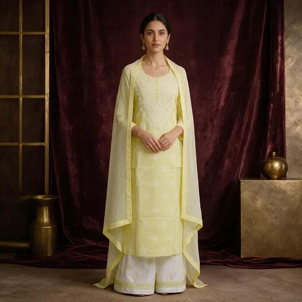 Lemon_Yellow_Cotton_Suit_Piece_With_Contrast_Bottom_Chiffon_Dupatta
