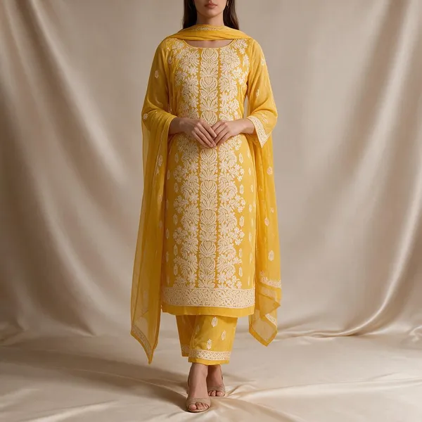 Mustard_Yellow_Hand_Embroidered_Soft_Chiffon_Unstitched_Garth_Chikankari_Suit_Set_With_Dupatta
