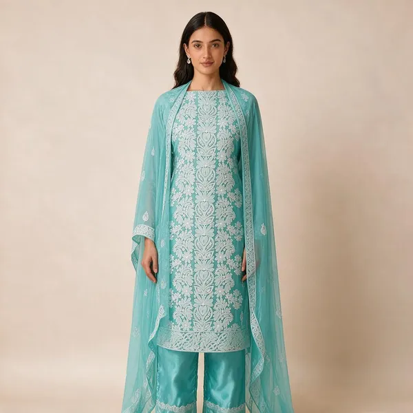 Aqua_Blue_Hand_Embroidered_Soft_Chiffon_Unstitched_Garth_Chikankari_Suit_Set_With_Dupatta