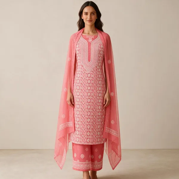 Coral_Pink_Chiffon_Front_Jaal_Suit_Piece_With_Dupatta