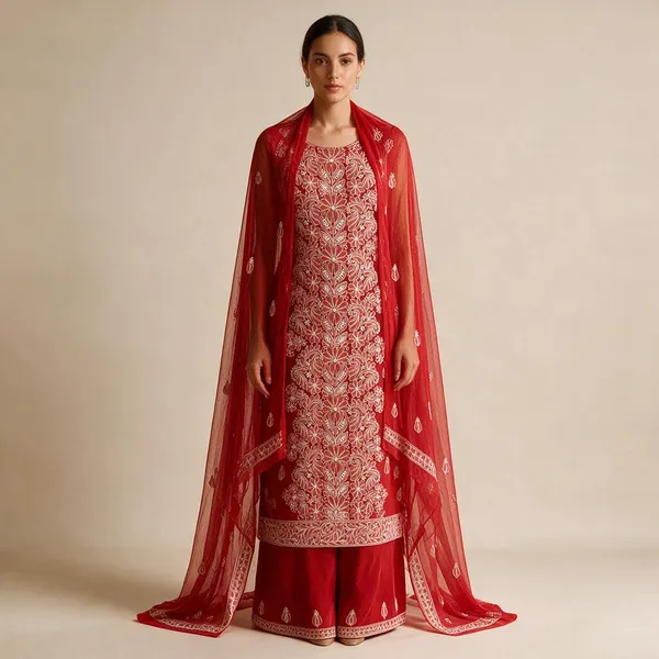 Cherry_Red_Hand_Embroidered_Soft_Chiffon_Unstitched_Garth_Chikankari_Suit_Set_With_Dupatta
