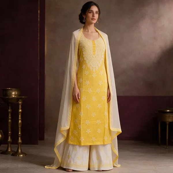 Golden_Yellow_Cotton_Suit_Piece_With_Contrast_Bottom_Chiffon_Dupatta