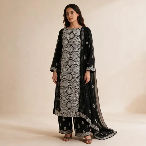Black_Hand_Crafted_Soft_Chiffon_Unstitched_Chikan_Suit_Set_In_Panel_Pattern