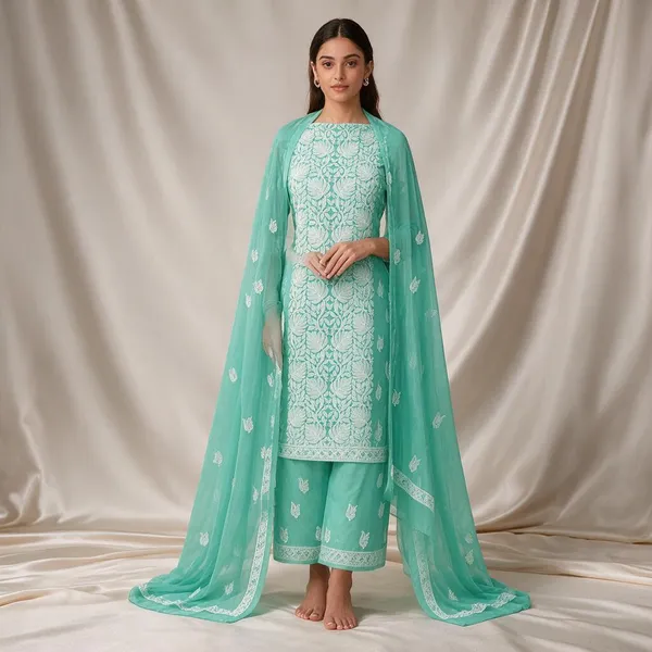 Sea_Green_Hand_Embroidered_Soft_Chiffon_Unstitched_Leaf_Chikankari_Suit_Set_With_Dupatta