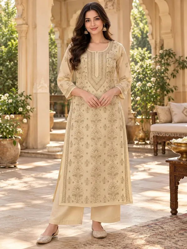 Beige_Hand_Embroidered_Chikan_Cotton_Kurti
