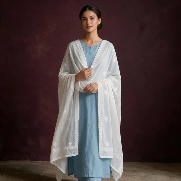 White_Hand_Embroidered_Lucknowi_Chikankari_Pure_Soft_Cotton_Dupatta