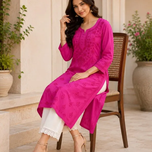 Fuchsian_Pink_Hand_Embroidered_Lucknowi_Chikankari_Kashmiri_Cotton_Kurti