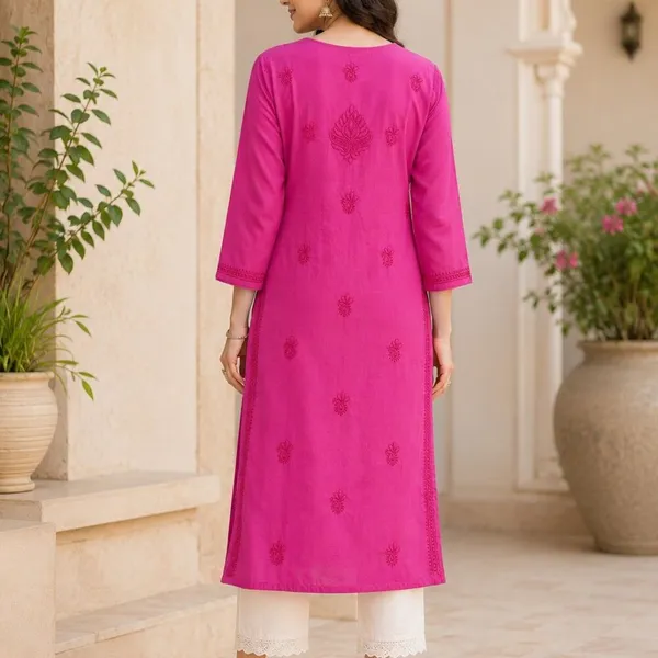 Fuchsian_Pink_Hand_Embroidered_Lucknowi_Chikankari_Kashmiri_Cotton_Kurti