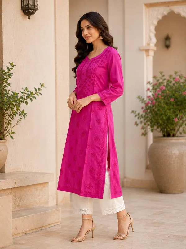 Fuchsian_Pink_Hand_Embroidered_Lucknowi_Chikankari_Kashmiri_Cotton_Kurti