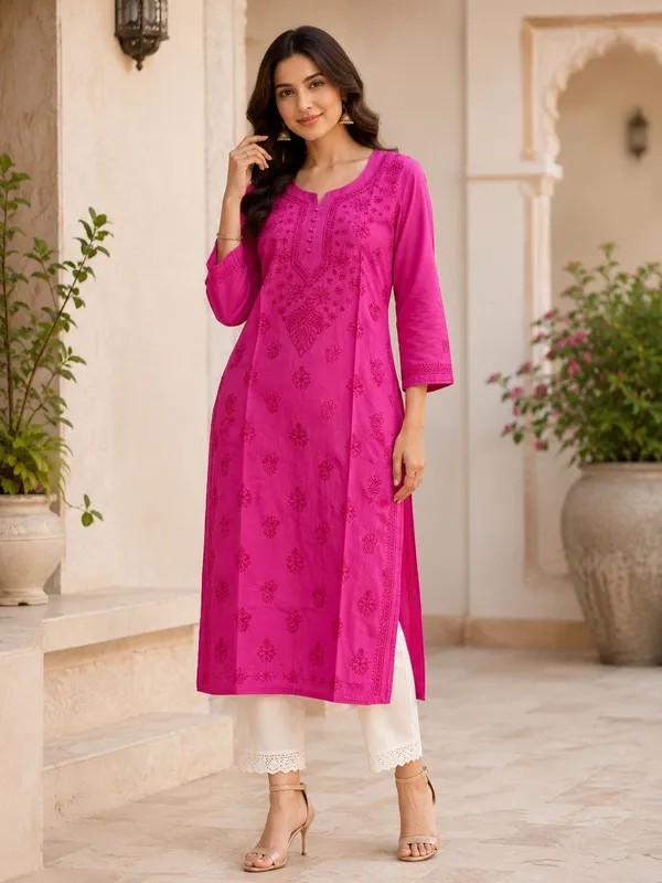Fuchsian_Pink_Hand_Embroidered_Lucknowi_Chikankari_Kashmiri_Cotton_Kurti