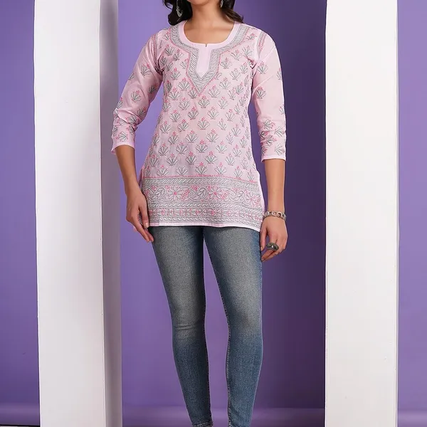 Baby_Pink_Hand_Embroidered_Chikan_Cotton_Top_With_Contrast_Thread_Work